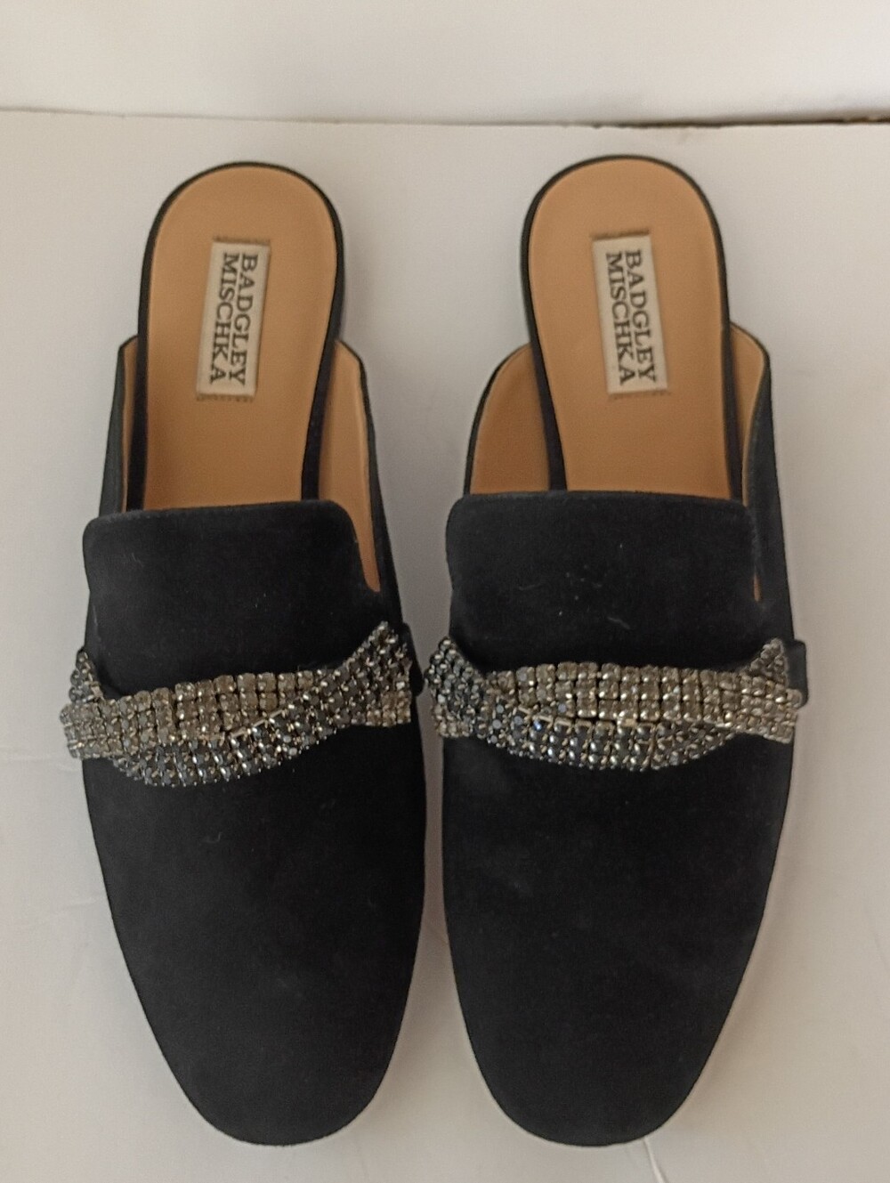 Badgley Mischka Black Suede Crystal-Embellished Mules Size 7.5